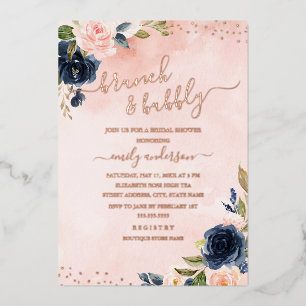 ROOS GOUD FOLIE Blush Navy Bloemen Brunch En Bubbe Uitnodiging