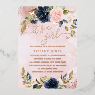 ROOS GOUD FOLIE Navy Roze Bloemige Baby Shower  Uitnodiging