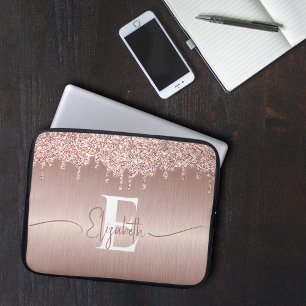 Roos Goud Geborsteld Metaal Glitter Drips Monogram Laptop Sleeve