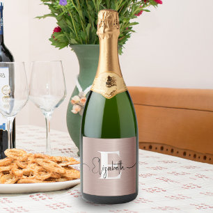 Roos Goud Geborsteld Metallic Girly Script Monogra Sparkling Wijnetiket