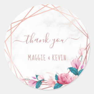 Roos Goud Geometrisch Lijst met Bloemen op Marmer Ronde Sticker