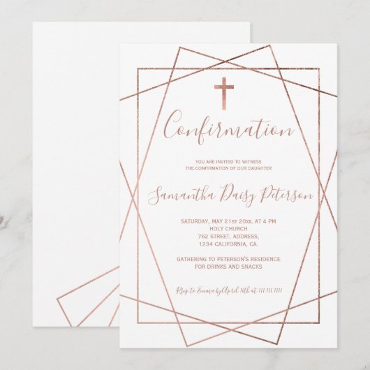 Roos goud geometrische chic white script bevestigi kaart (Voorkant / Achterkant)