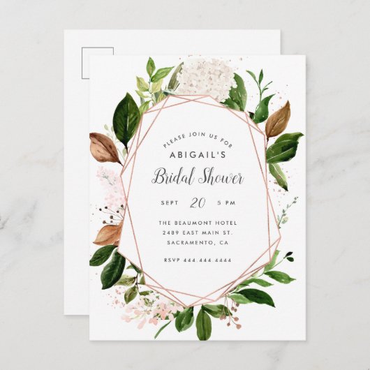 Roos Goud Geometrische Waterverf Bloemen Bruids Sh Uitnodiging Briefkaart