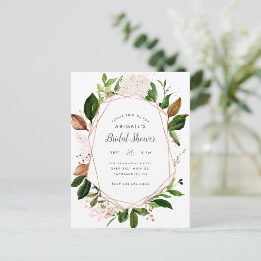 Roos Goud Geometrische Waterverf Bloemen Bruids Sh Uitnodiging Briefkaart (Staand voorkant)