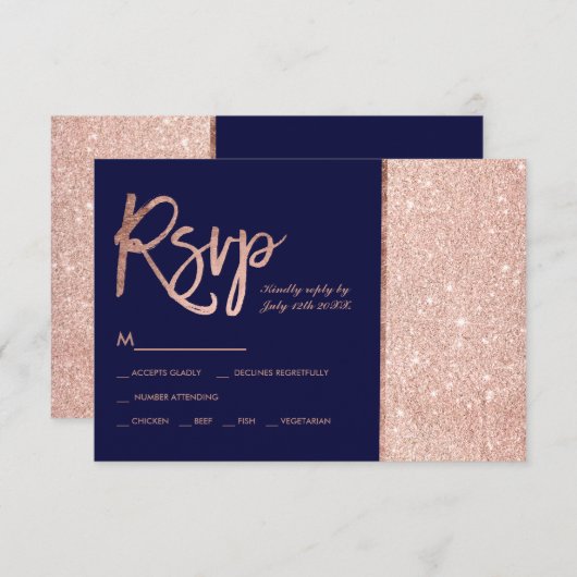 Roos goud glitter block navy blue rsvp bruiloft (Voorkant / Achterkant)