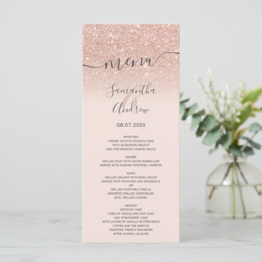 Roos goud glitter blush roze script trouwmenu menu (Staand voorkant)