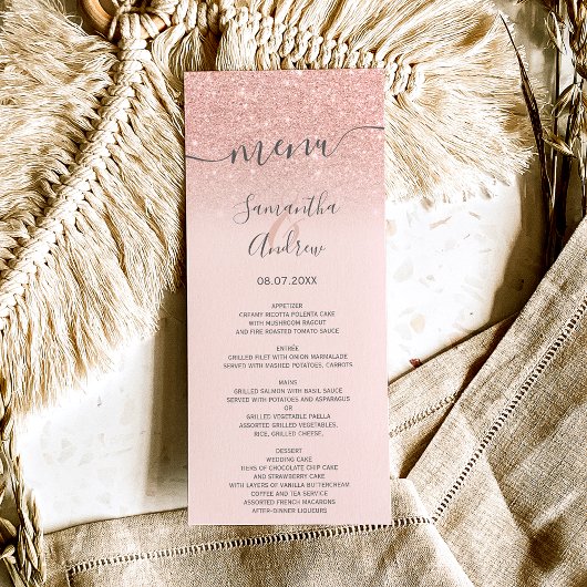 Roos goud glitter blush roze script trouwmenu menu