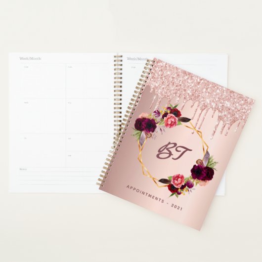 Roos Goud Glitter Bourgogne Bloemen Monogram 2026 Planner (Display)