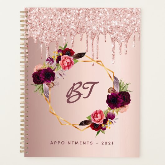 Roos Goud Glitter Bourgogne Bloemen Monogram 2026 Planner (Voorkant)
