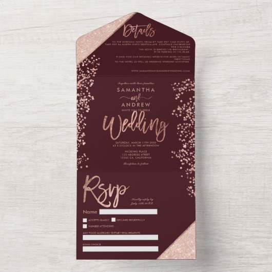 Roos goud glitter confetti burgundy bruiloft all in one uitnodiging (Binnen)