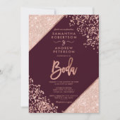 Roos goud glitter confetti burgundy bruiloft kaart (Voorkant)