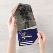 Roos goud glitter confetti navy foto bruiloft all in one uitnodiging (Afscheurbaar)