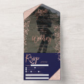Roos goud glitter confetti navy foto bruiloft all in one uitnodiging (Binnen)