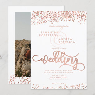 Roos goud glitter confetti witte trouwfoto kaart