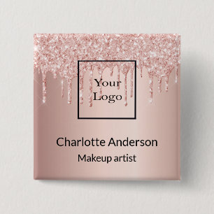 Roos goud glitter drip business salon name tag vierkante button 5,1 cm