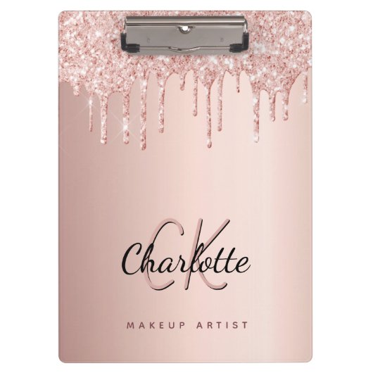 Roos goud glitter druppelt monogram bedrijf klembord (Voorkant)