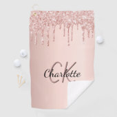 Roos goud glitter druppelt op aangepaste monogram  golfhanddoek (Insitu)