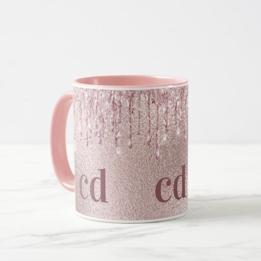 Roos goud glitter druppelt roze aangepaste monogra mok (Voorkant links)