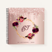 Roos goud glitter floral burgundy monogram notitieboek (Voorkant)