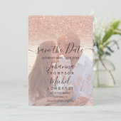 Roos goud glitter floral red foto behalve datum save the date (Staand voorkant)