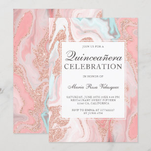 Roos goud glitter koraalroze marmer Quinceanera Kaart