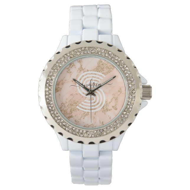 Roos Goud Glitter Marmer, Script Naam WHT Monogram Horloge (Voorkant)
