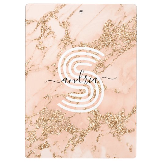 Roos Goud Glitter Marmer, Script Naam WHT Monogram Klembord (Achterkant)