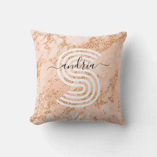 Roos Goud Glitter Marmer, Script Naam WHT Monogram Kussen