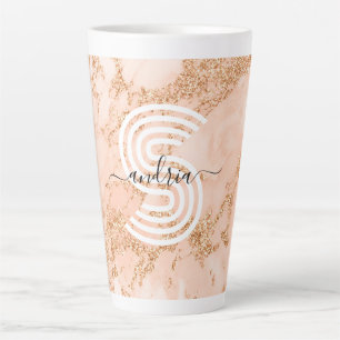 Roos Goud Glitter Marmer, Script Naam WHT Monogram Latte Mok