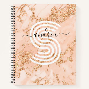 Roos Goud Glitter Marmer, Script Naam WHT Monogram Notitieboek