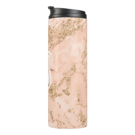 Roos Goud Glitter Marmer, Script Naam WHT Monogram Thermosbeker (Geroteerd rechts)