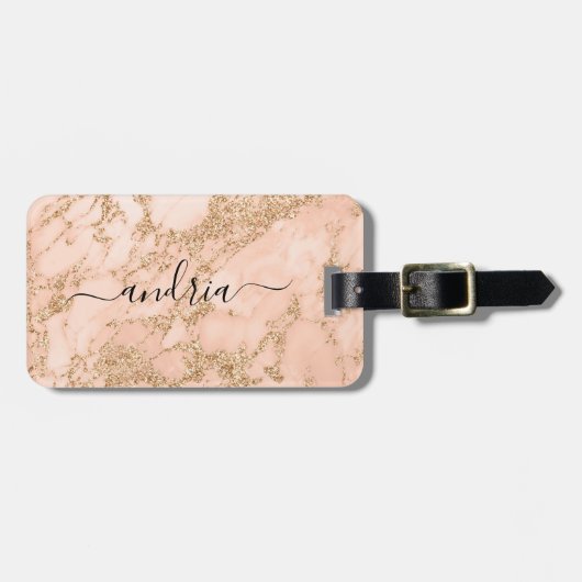 Roos Goud Glitter Marmer, Zwart Script Naam Bagagelabel (Voorkant horizontaal)