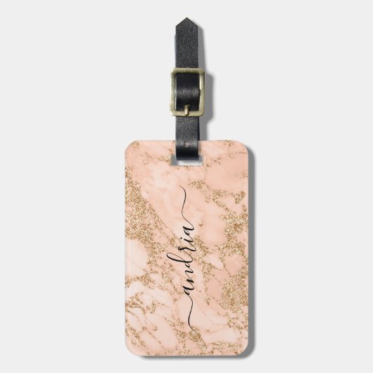 Roos Goud Glitter Marmer, Zwart Script Naam Bagagelabel (Voorkant verticaal)