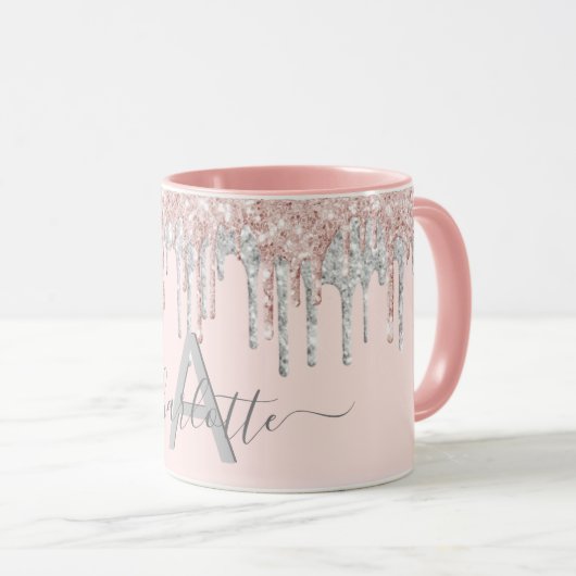 Roos goud glitter monogram zwart roze zilver grijs mok (Voorkant rechts)