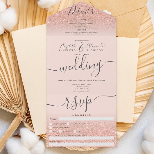 Roos goud glitter ombre blush roze script bruiloft all in one uitnodiging