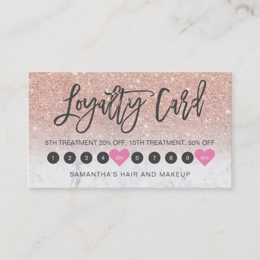 Roos goud glitter ombre script make-up marmer 10 klantenkaartje (Voorkant)