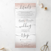 Roos goud glitter ombre white script chic bruiloft drieluik uitnodiging (Binnen)