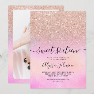 Roos goud glitter roze holografische foto zoet 16 kaart