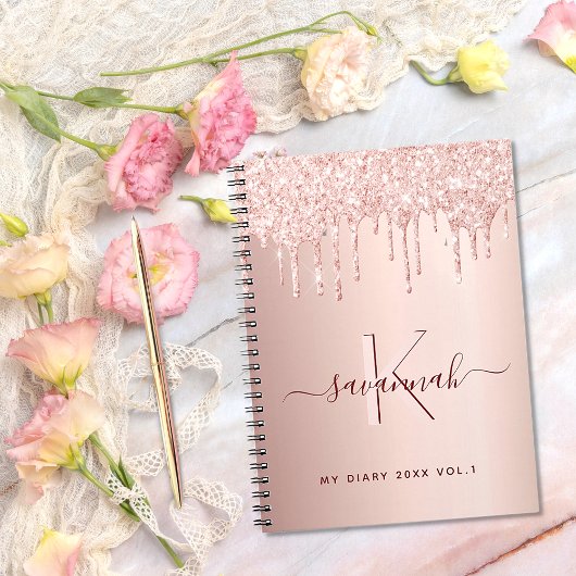 Roos goud glitter roze monogram script dagboek notitieboek
