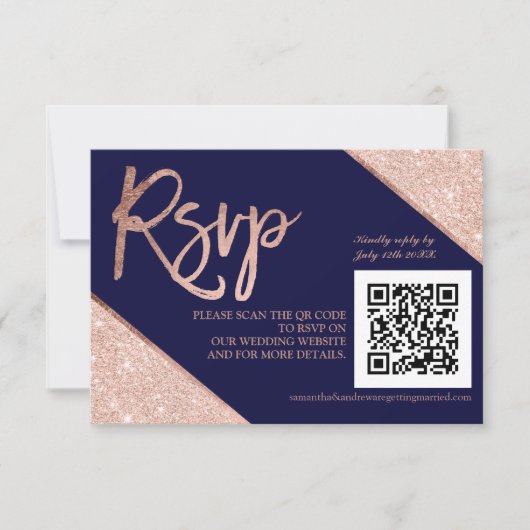 Roos goud glitter script blauw QR code rsvp bruilo (Voorkant)