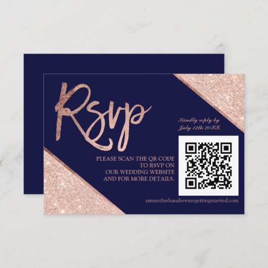 Roos goud glitter script blauw QR code rsvp bruilo (Voorkant / Achterkant)