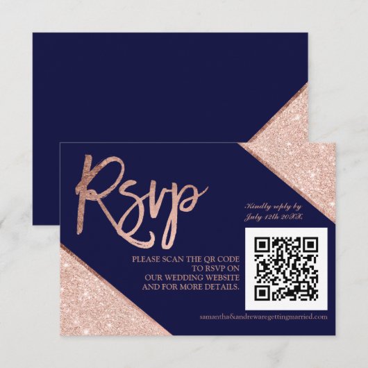 Roos goud glitter script blauw QR code rsvp bruilo Kaartje (Voorkant / Achterkant)