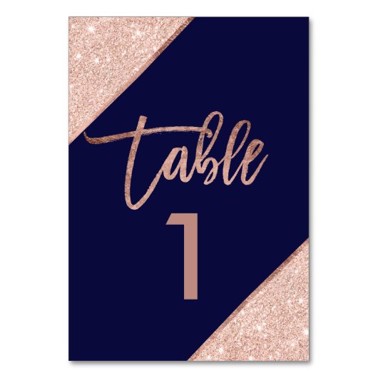 Roos goud glitter script marvy blue table number kaart (Voorkant)