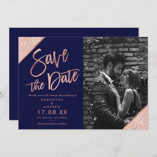 Roos goud glitter script navy blue save the date (Voorkant / Achterkant)