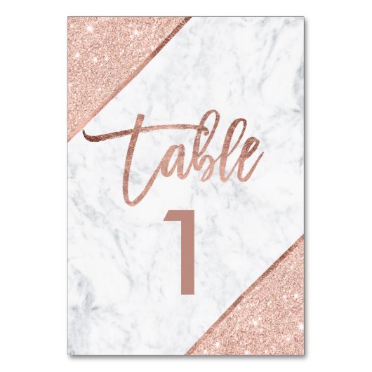 Roos goud glitter script white marble table number kaart (Voorkant)