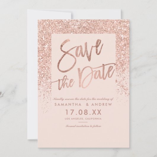 Roos goud glitter script zwart roze, behalve de da save the date (Voorkant)