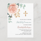 Roos Goud Groen Kruis Eerste Heilige Communie Uitnodiging Briefkaart (Voorkant)