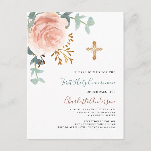 Roos Goud Groen Kruis Eerste Heilige Communie Uitnodiging Briefkaart (Voorkant)