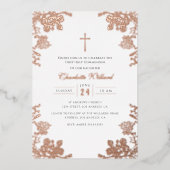 Roos Goud  Kruis Meisjes Eerste Communie Folie Uitnodiging (Voorkant)