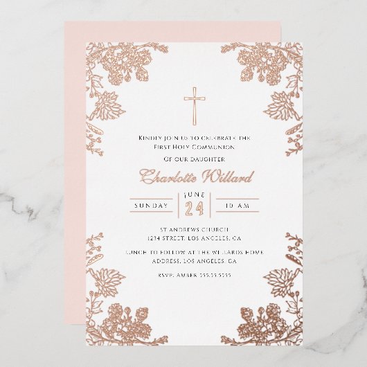 Roos Goud  Kruis Meisjes Eerste Communie Folie Uitnodiging (Voorkant / Achterkant)